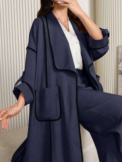 Al Najma Conjunto de 2 piezas holgado de cárdigan de manga acampanada larga y pantalones, elegante, para primavera/otoño, conjunto casual tipo abaya de 2 piezas para uso diario casual, trabajo o fiesta de la tarde