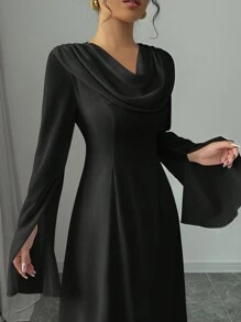 Elenzga 1 件女士优雅浪漫摆领荷叶边喇叭袖长袖连衣裙长款女装 - 黑色 - 查看 3