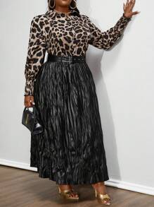 Maweii 大码系腰带百褶印花优雅半身裙