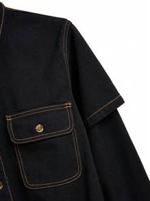 Chillumni Plus Size Men Button Front Long Sleeve Pocket Casual Denim Jacket, Fall - Black - View 3