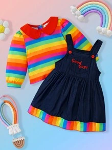 SHEIN 2 件装婴儿/幼儿女孩可爱电影角色服装，有领条纹上衣和吊带裙套装，适合秋冬季、万圣节、派对和户外玩耍 - 彩色 - 查看 1