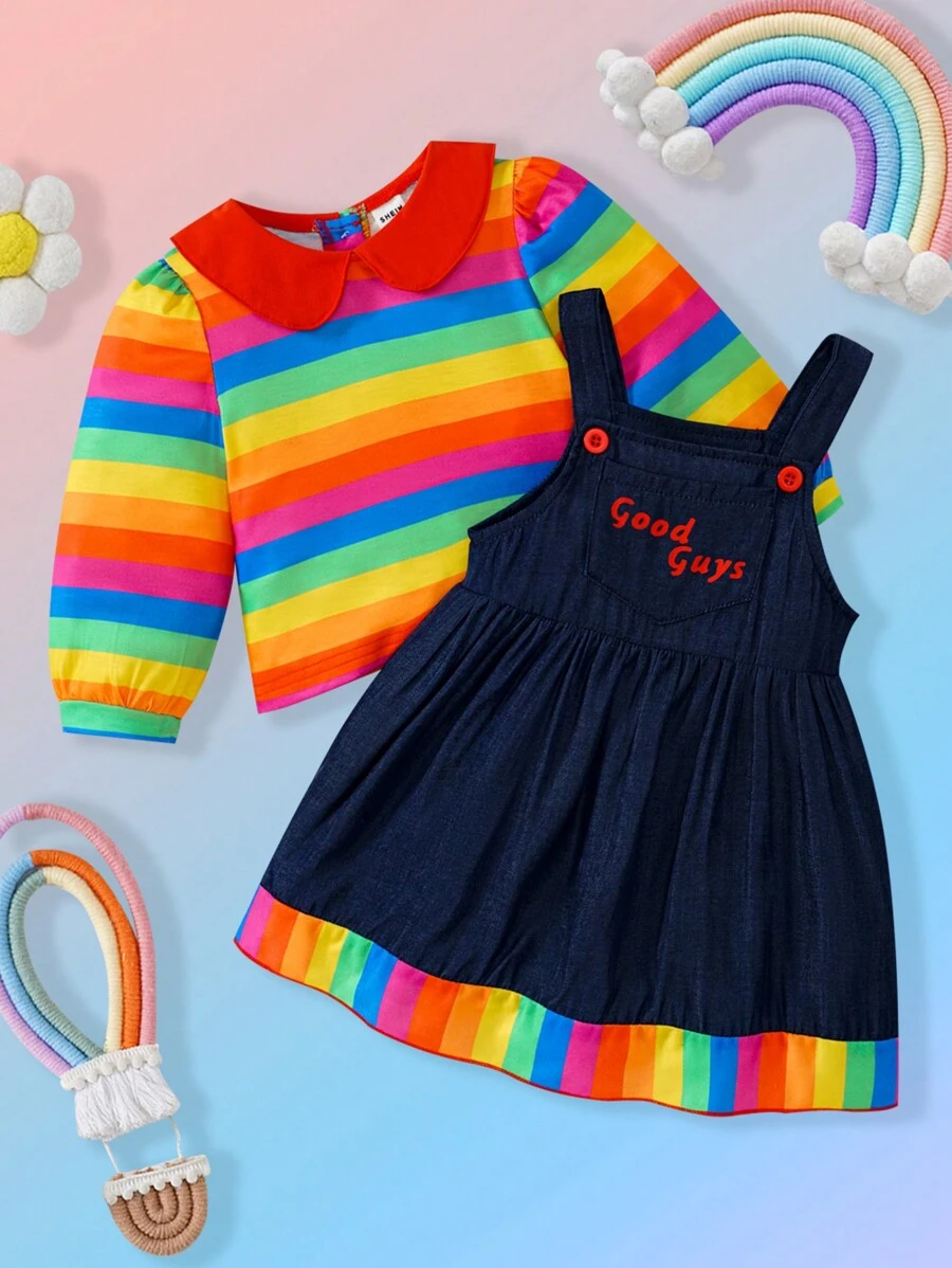 SHEIN 2 件装婴儿/幼儿女孩可爱电影角色服装，有领条纹上衣和吊带裙套装，适合秋冬季、万圣节、派对和户外玩耍 - 彩色 - 查看 1