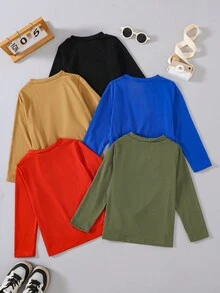 5 chiếc/gói áo thun dài tay cổ tròn màu trơn thường ngày cho bé trai - Nhiều màu - Xem 2