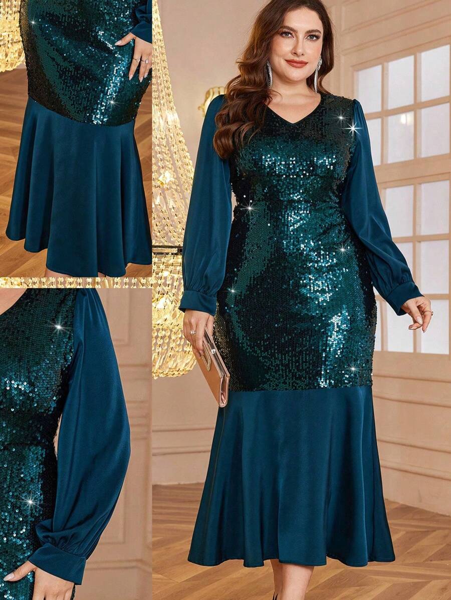 Modelyn 大码女式亮片拼布缎面美人鱼下摆派对礼服，宴会和活动正式礼服女士服装 - 墨綠色 - 查看 1