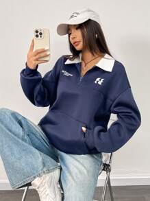 INAWLY 女士字母图案半拉链撞色领宽松卫衣，春秋季套头衫 - 藏蓝色 - 查看 1