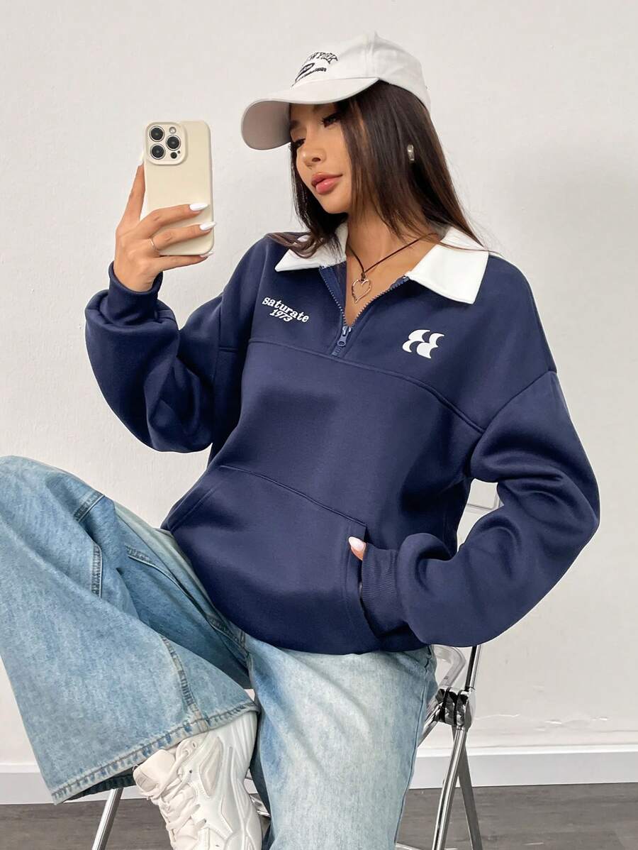 INAWLY 女士字母图案半拉链撞色领宽松卫衣，春秋季套头衫 - 藏蓝色 - 查看 1