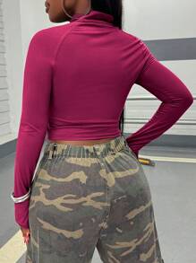 INAWLY Plus Size Solid Color Front Zipper Long Sleeve Simple T-Shirt, Casual Daily Wear Fall Cloth For Women - Hot Pink - View 2