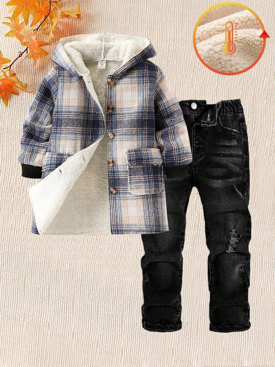 Young Boy Casual Comfortable Brushed Plaid Loose Hooded Zip-Up Padded Long Jacket, With Big Pockets, Ribbed Cuff Design, Suitable For Street Fashion Everyday Wear, Warm Lining, Fit For Autumn And Winter - Multicolor - View 1