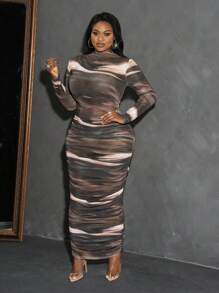 Slaydiva Đầm dài tay in họa tiết xếp nếp cổ đứng cỡ lớn cho nữ - Nhiều màu - Xem 4