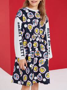 LOONEY TUNES X SHEIN Tween Girl Cartoon Tweety & Daffy Duck Letter Graphic Black Casual Sport Comfy Cinched Waist Long Sleeve Pajamas Dress - Multicolor - View 5