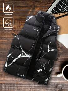 Manfinity Roghcode Men All-Over Print Zipper Front Sleeveless Padded Coat, Winter - Black - View 1
