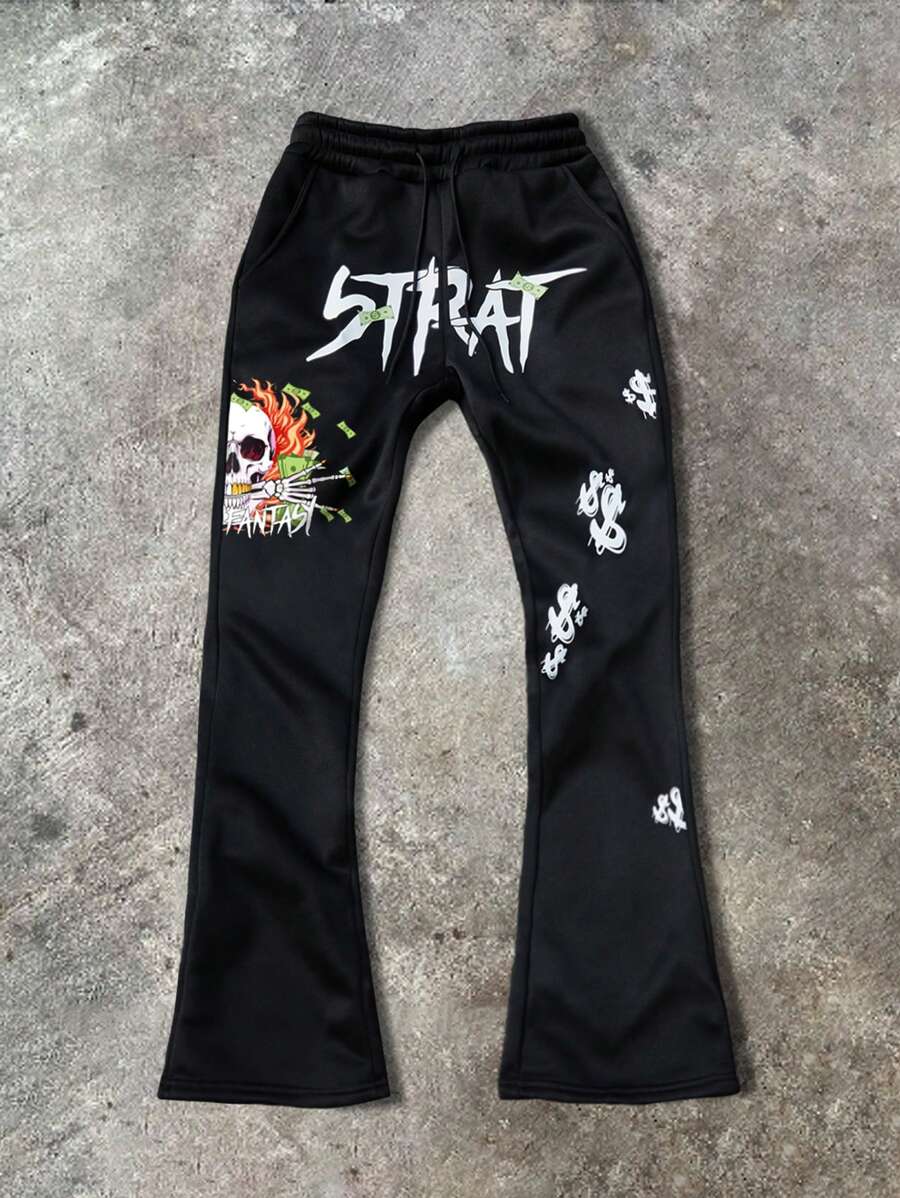 Manfinity EMRG Pantaloni a zampa di elefante alla moda per giovani uomini, con stampa teschio e scritta in inglese, vita bassa e orlo a zampa, stile da strada
