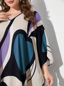 Al Najma 大码休闲拼色印花蝙蝠袖长款阿拉伯朴素连衣裙 - 彩色 - 查看 3