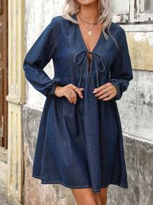 SHEIN LUNE Women's Tie Front Long Sleeve Ruched Minimalist Short Denim Dress