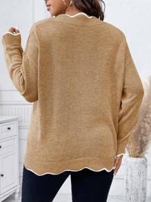 Calvaya Pull long à manches longues avec bordure bicolore, tailles grandes, pour l'hiver
