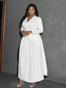 Slaydiva Elegant & Party & Gathering & Date Plus Size White Solid Color V-Neck A-Line Hem Blouse And Skirt Set - C - White - View 8