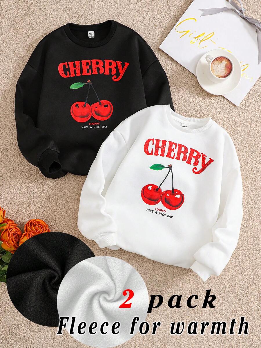 2pcs/Set Tween Girl Cherry Print Loose Fit Crew Neck Pullover Sweatshirt Set - Multicolor - View 1