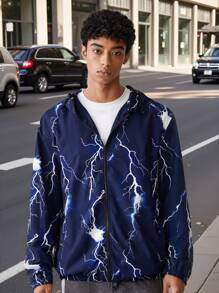 Manfinity VCAY Men's Woven Fashionable Casual Loose Fit Long Sleeve Hooded Jacket For Daily Wear,Sun Protection Waterproof Quick Drying,Blue,Lightning Pattern,Halloween Jakets&Coats