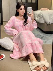 DAZY Flannel Heart Pattern Ruffle Hem Nightgown, Winter Pajama - Pink - View 10
