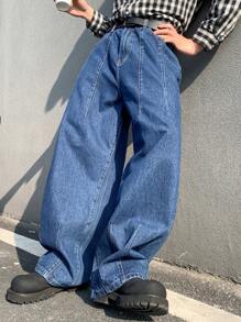 Manfinity Hypemode Men's Dark Blue Vintage Washed Denim Wide Leg Casual Pants