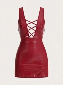 SHEIN Women Sexy Backless Criss-Cross PU Leather Bodycon Dress, Black For Going Out - Burgundy - View 1