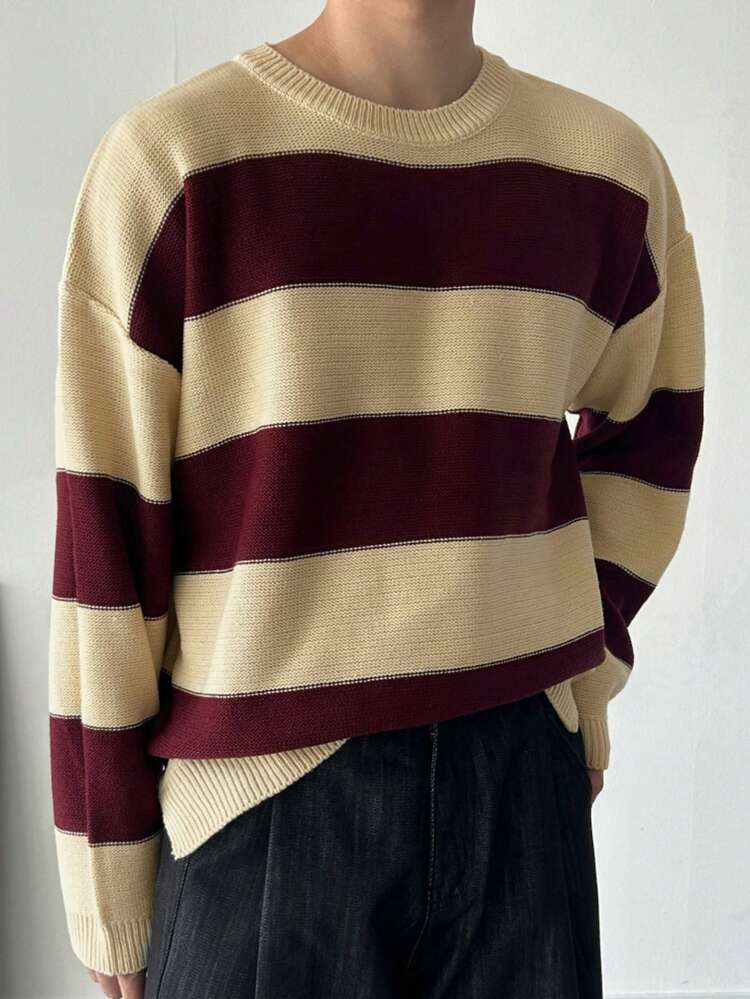 Men's Casual Daily Loose Fit Colorblock Striped Sweater For Autumn/Winter Business Attire