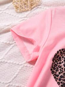 Young Girl Leopard Print Heart Graphic T-Shirt And Pants Set - Pink - View 4