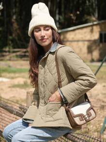 LanaWest Women Casual Khaki Round Neck Button Pocket Quilted Padded Padded Coat Clothes Winter