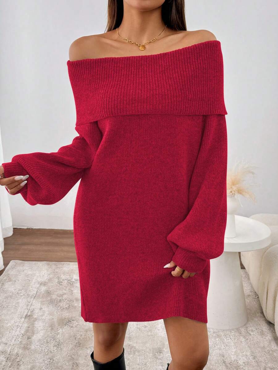 SHEIN Clasi 1 件女士灰色露肩灯笼袖针织毛衣连衣裙新年衣服 - 紅色 - 查看 1