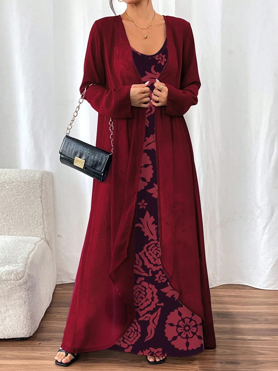 SHEIN LUNE 2pcs/Set Women Solid Color Long Sleeve Minimalist Jacket And Allover Print Spaghetti Strap Camisole Dress Set - Burgundy - View 1