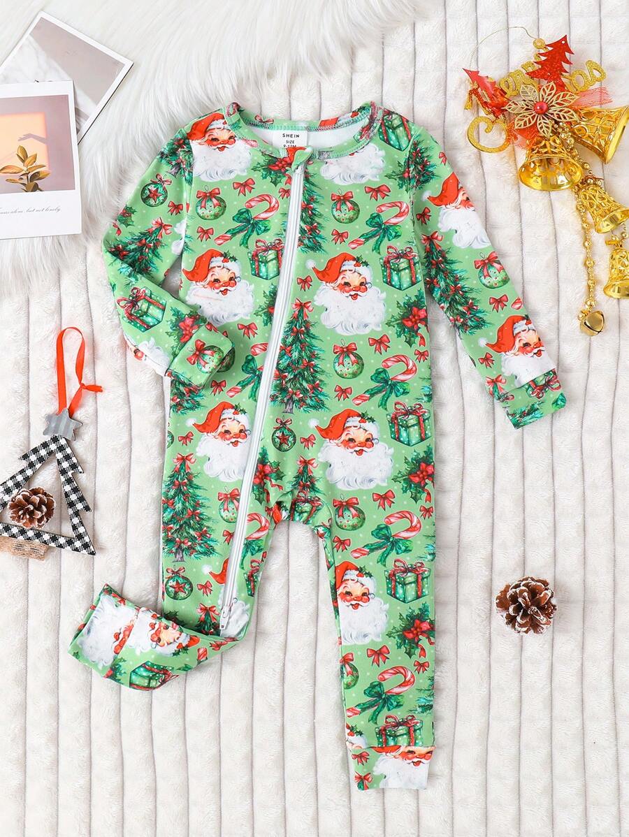 圣诞老人与礼盒印花长袖连体紧身睡衣套装（适合婴儿男孩，秋冬季） - 綠色 - 查看 1
