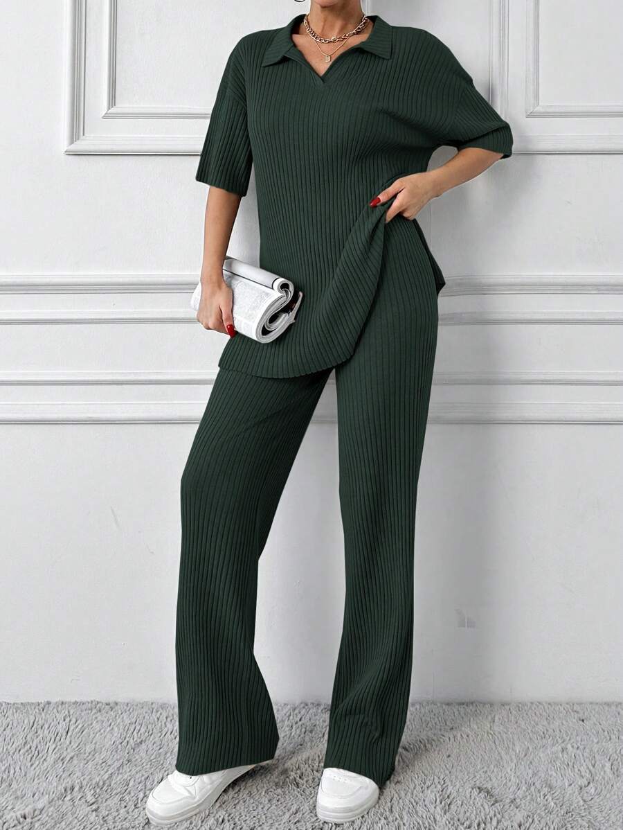 EURMUSE Zweiteiliges Set aus Poloshirt und Hose aus Baumwolle mit Rippenmuster - Dunkelgrün - Übersicht 1