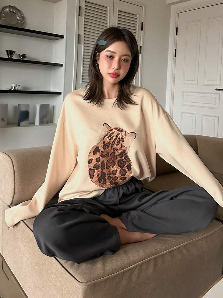 1 Set Animal Print Long Sleeve Top & Loose Straight Pajama Pants Sleepwear Suit