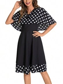 SHEIN Clasi 2pcs/Set Elegant Polka Dot Print Splicing Shawl Blouse And Sleeveless Dress Set For Women - Black - View 6