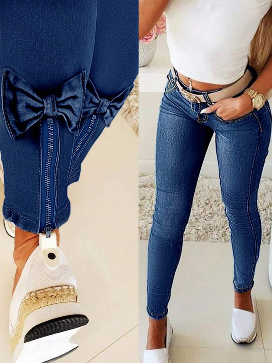 Women's Skinny Backside Slit Bow Embellished Jeans - 深色水洗藍 - 查看 1