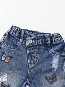 SHEIN Baby/Baby Girl Asymmetrical Elastic Waist Fitted Butterfly Print Straight Leg Light Wash Jeans - Medium Wash - View 8
