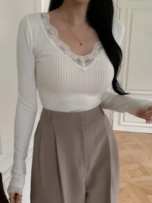 DAZY Lace Patchwork Solid V-Neck Ribbed Fitted Women Long Sleeve T-Shirt - White - View 2