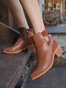 Styleloop Women's Solid Color Metal Decor Casual Fashion Ankle Boots, Simple Short Boots, BOHO Style, Retro American/Bohemian Vibe, Suitable For Music Festivals, Parties, Christmas, Halloween