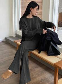 DAZY 2pcs/Set Women Solid Color Crew Neck Long Sleeve Sweater Top And Wide Leg Pants Casual Knit Suit