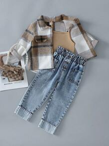 3pcs Young Girl Fashionable Outfit: Plaid Shacket + Solid Color Ribbed Camisole + Stylish Casual Pants, Spring Autumn