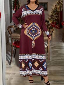 Plus Size Women Print V-Neck Long Sleeve Casual Dress