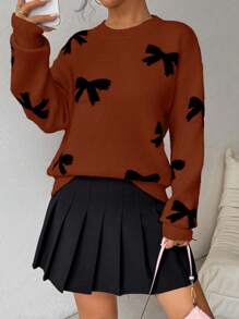 Chiquease Women's Bow Decor Round Neck Raglan Long Sleeve Casual Knit Pullover Sweater, Autumn/Winter Knit Pullover Fall Outfit