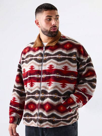 Manfinity VCAY Plus Size Men's Casual Loose Jacquard Long Sleeve Jacket, For Fall Winter