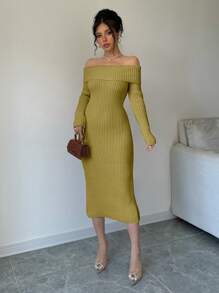 Elenzga 女士纯色露肩长袖简约休闲毛衣连衣裙 - 芥末黃 - 查看 4