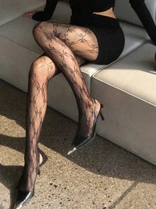 DAZY 女士蕾丝蝴蝶结黑色连裤袜 - 黑色 - 查看 2