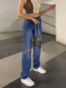 NVFelix بنطلون جينز نسائي ذو خصر عالي وساق مستقيمة، قماش رقيق غير مطاطي، طراز كاجوال خارجي أنيق من عصر الألفية الجديدة، مناسب للربيع والصيف - أزرق داكن - مشاهدة 4