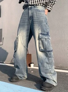 Manfinity EMRG Men's Light Blue Washed Denim Cargo Pants, Loose Fit Wide Leg Blue Distressed Baggy Cargo Jeans, For Husband, Boyfriend Gifts - Light Wash - View 4