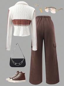 SHEIN 2pcs Set Teenage Girls Zip-Up Collar Warm Sweater & Retro Style Cargo Pants - Multicolor - View 2