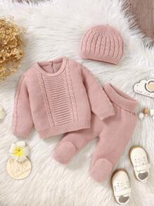 SHEIN 2pcs/Set Newborn Baby Blue Solid Color Fashion Casual Cute Soft Comfortable Korean Style Matching Long Sleeve Sweater And Pants Outfit, Suitable For Home, Daily Outing, Outer Wear, Autumn/Winter
