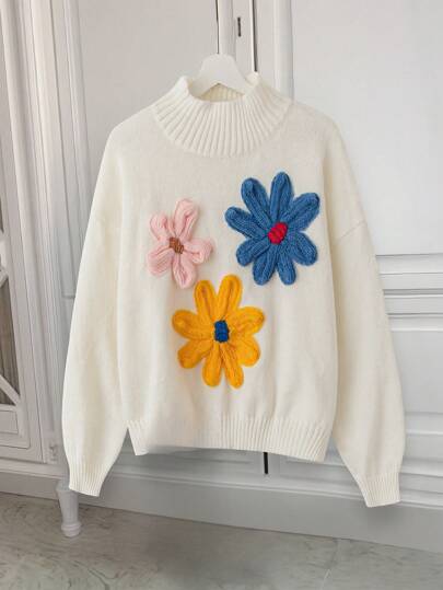 Calvaya Plus Size Casual Floral Pattern Drop Shoulder Loose Knit Sweater, Autumn/Winter Knit Pullover Fall